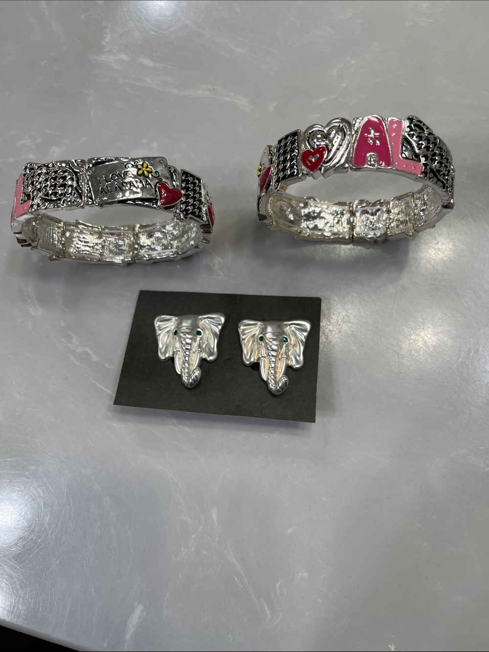 Silver Tone Pink Accent AL Bracelet Set with Elephant Earrings